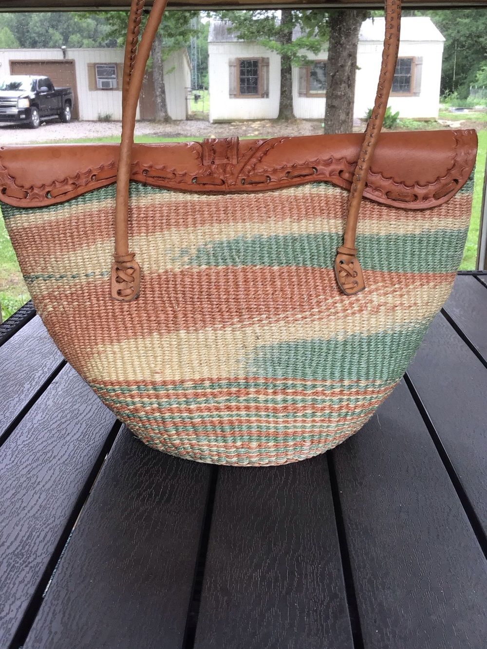 Made in Kenya Woven From Sisal Fibre Tote with Leather Trim - Tan & Green Coral - Picture 2 of 16